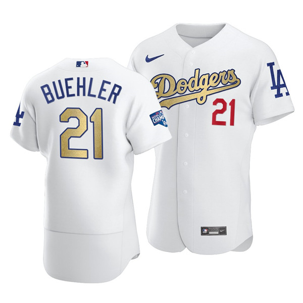 Men's Los Angeles Dodgers White Gold #21 Walker Buehler 2021 World Series Champions Patch Stitched Jersey