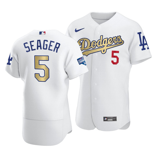 Men's Los Angeles Dodgers White Gold #5 Corey Seager 2021 World Series Champions Patch Stitched Jersey
