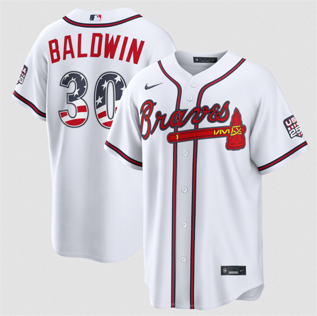Men's White Atlanta Braves #30 Drake Baldwin USA 250 Fourth of July Home Stadium Stitched Baseball Jersey