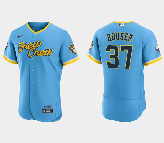 Men's Blue Milwaukee Brewers #37 Adrian Houser Powder 2022 City Connect Flex Base Stitched MLB Jersey