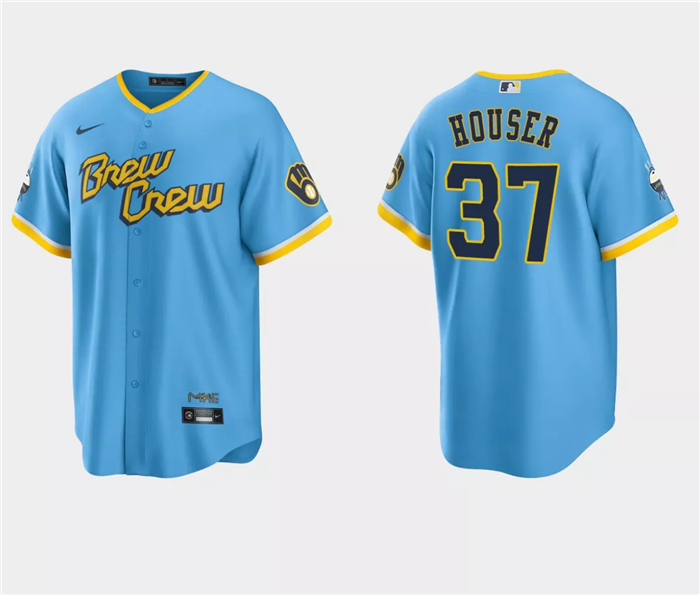 Men's Blue Milwaukee Brewers #37 Adrian Houser Powder City Connect Cool Base Stitched Jersey