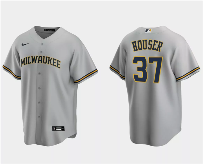 Men's Grey Milwaukee Brewers #37 Adrian Houser Cool Base Stitched Jersey
