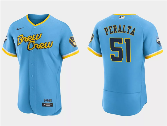 Men's Blue Milwaukee Brewers #51 Freddy Peralta Powder 2022 City Connect Flex Base Stitched MLB Jersey