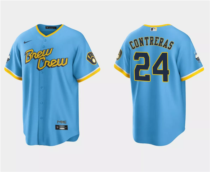 Men's Blue Milwaukee Brewers #24 William Contreras Powder 2022 City Connect Cool Base Stitched Jersey