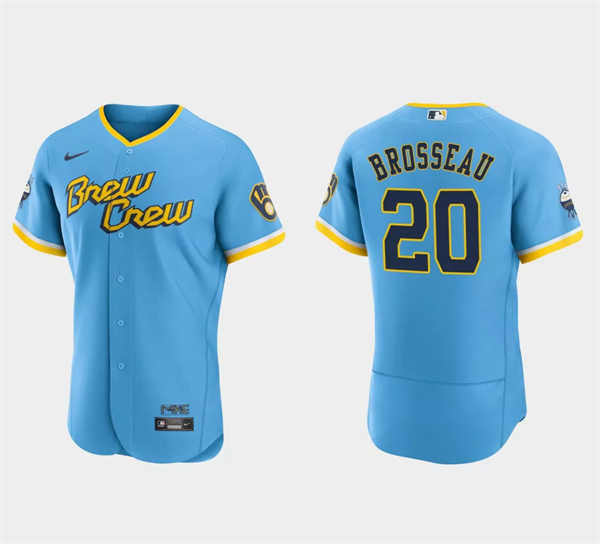 Men's Blue Milwaukee Brewers #20 Mike Brosseau Powder 2022 City Connect Flex Base Stitched Baseball Jersey