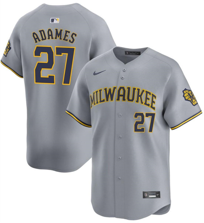 Men's Grey Milwaukee Brewers #27 Willy Adames 2024 Away Limited Stitched Baseball Jersey