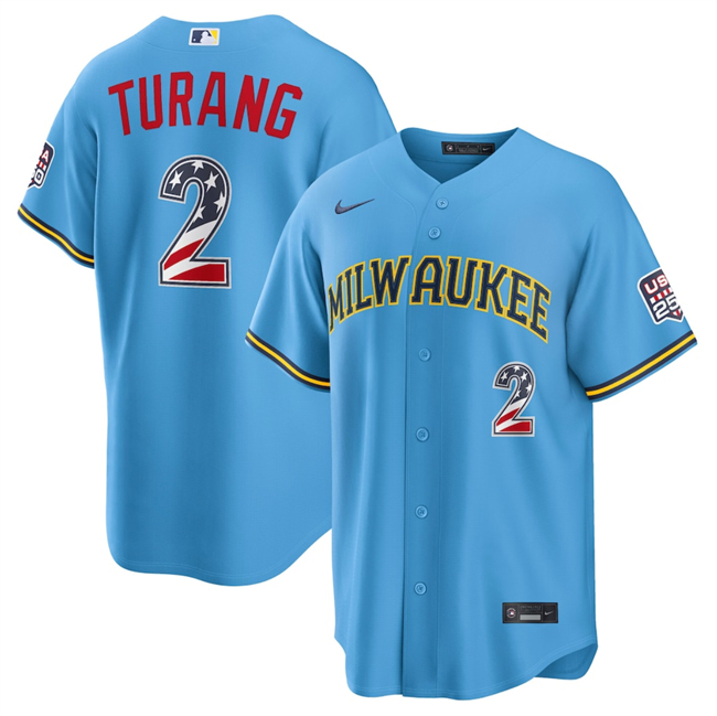 Men's Blue Milwaukee Brewers #2 Brice Turang 2026 USA 250 Fourth of July Home Stadium Stitched Baseball Jersey