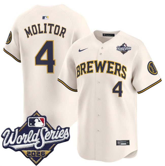 Men's Cream Milwaukee Brewers #4 Paul Molitor 2026 World Series Limited Stitched Baseball Jersey