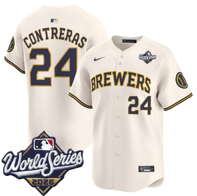 Men's Cream Milwaukee Brewers #24 William Contreras 2026 World Series Limited Stitched Baseball Jersey