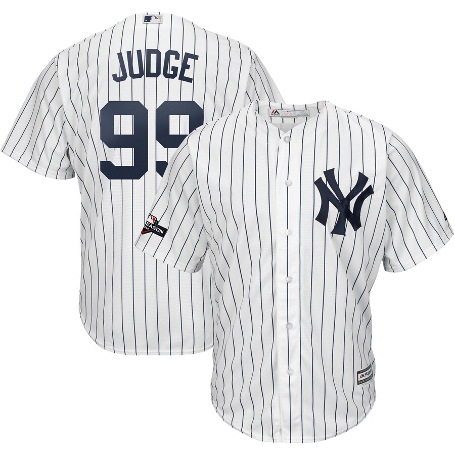 New York Yankees #99 Aaron Judge Majestic 2019 Postseason Official Cool Base Player Jersey White Navy
