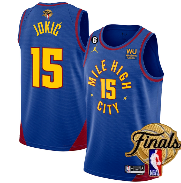 Men's Blue Denver Nuggets #15 Nikola Jokic 2023 Finals Statement Edition With NO.6 Patch Stitched Basketball Jersey