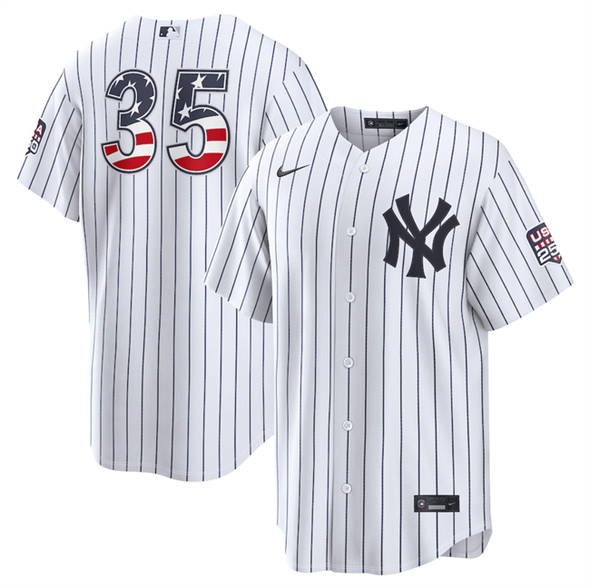 Men's White New York Yankees #35 Cody Bellinger 2026 USA 250 Fourth of July Home Stadium Stitched Baseball Jersey
