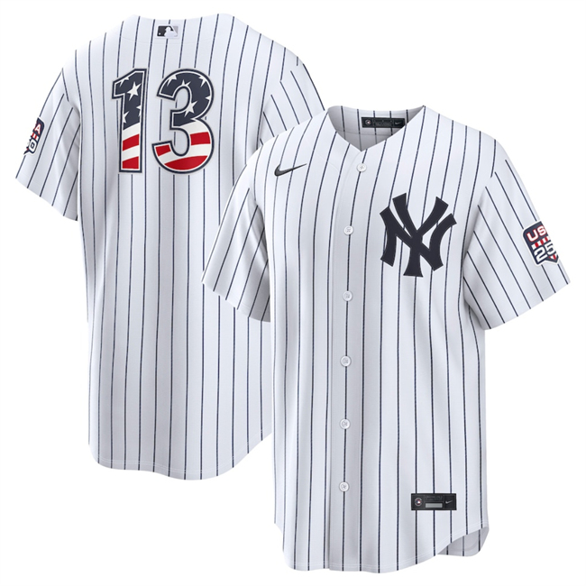 Men's White New York Yankees #13 Jazz Chisholm Jr 2026 USA 250 Fourth of July Home Stadium Stitched Baseball Jersey