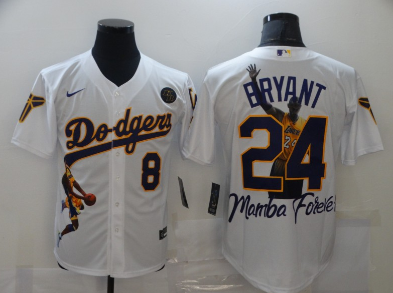 Men's White Los Angeles Dodgers Front #8 Back #24 Kobe Bryant With KB Patch Cool Base Stitched Jersey