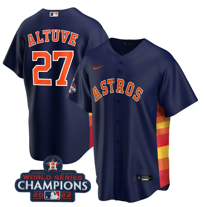 Men's Navy Houston Astros #27 Jose Altuve 2022 World Series Champions Home Stitched Baseball Jersey