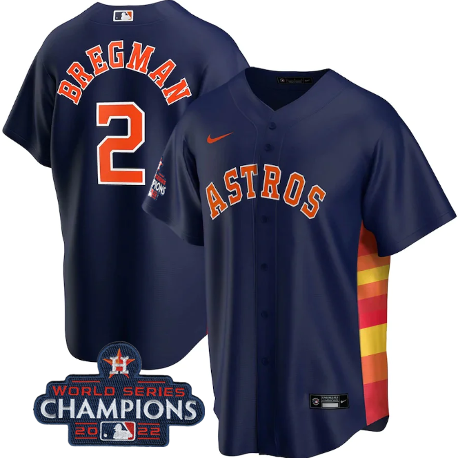 Men's Navy Houston Astros #2 Alex Bregman 2022 World Series Champions Home Stitched Baseball Jersey