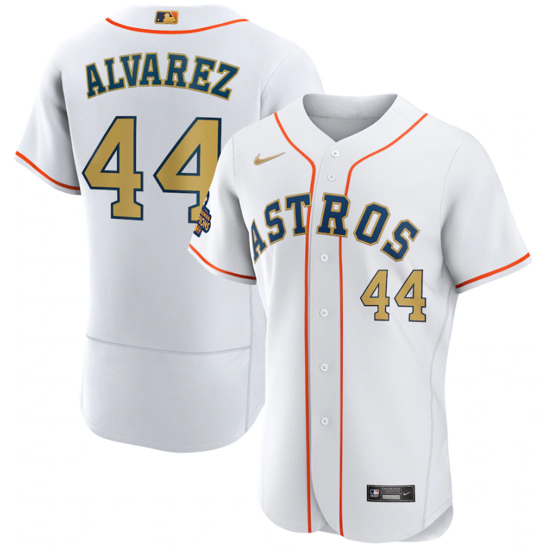 Men's White Houston Astros #44 Yordan Alvarez 2023 Gold Collection With World Serise Champions Patch Stitched Baseball Jersey