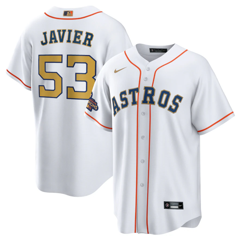 Men's White Houston Astros #53 Cristian Javier 2023 Gold Collection With World Serise Champions Patch Cool Base Stitched Baseball Jersey