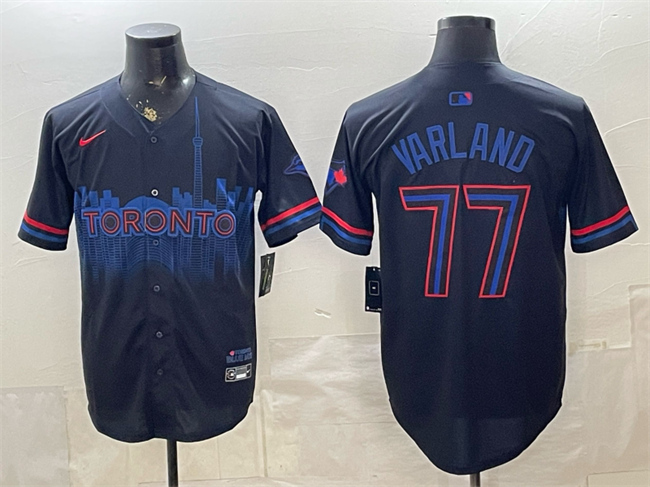 Men's Navy Toronto Blue Jays #77 Louis Varland 2024 City Connect Limited Stitched Baseball Jersey