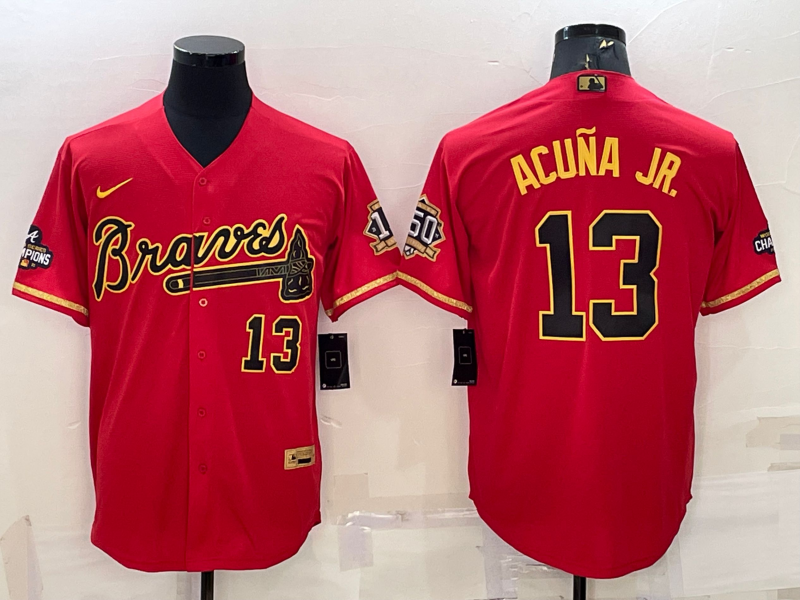 Men's Red Gold Atlanta Braves #13 Ronald Acuna Jr. Cool Base Stitched Baseball Jersey