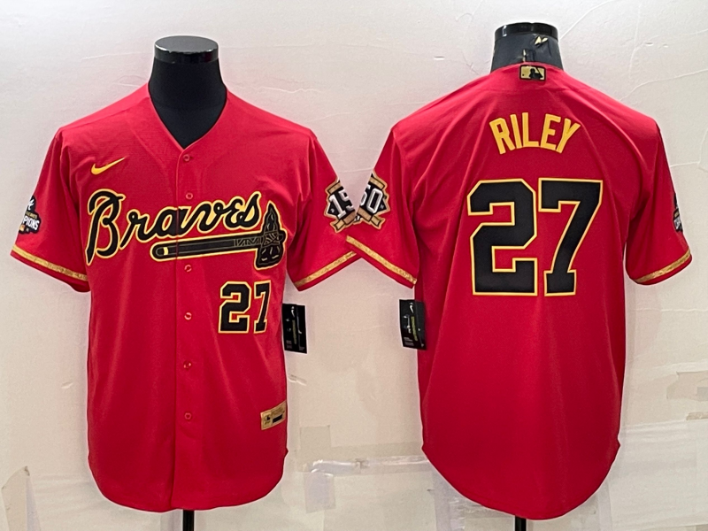 Men's Red Gold Atlanta Braves #27 Austin Riley Cool Base Stitched Baseball Jersey