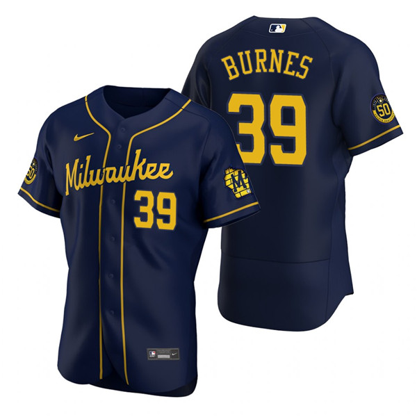 Men's Navy Milwaukee Brewers #39 Corbin Burnes Flex Base Stitched Baseball Jersey