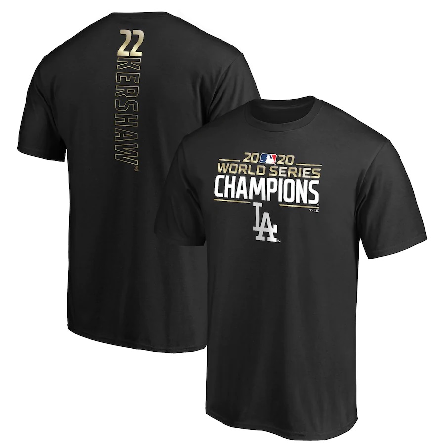Men's Los Angeles Dodgers Black #22 Clayton Kershaw 2020 World Series Champions T-Shirt