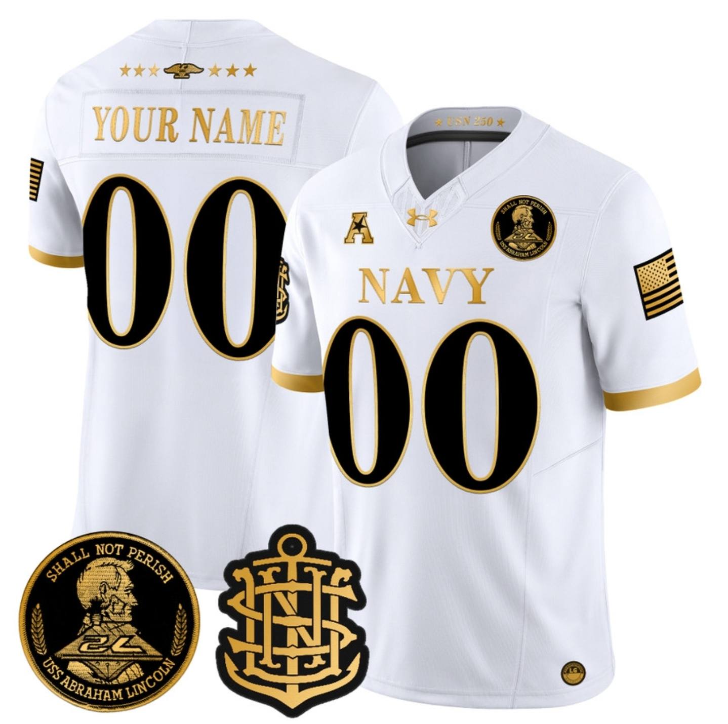Men's White/Gold Navy Midshipmen Active Player Custom 2024 F.U.S.E. Champions Patch And USS Patch Stitched Football Jersey