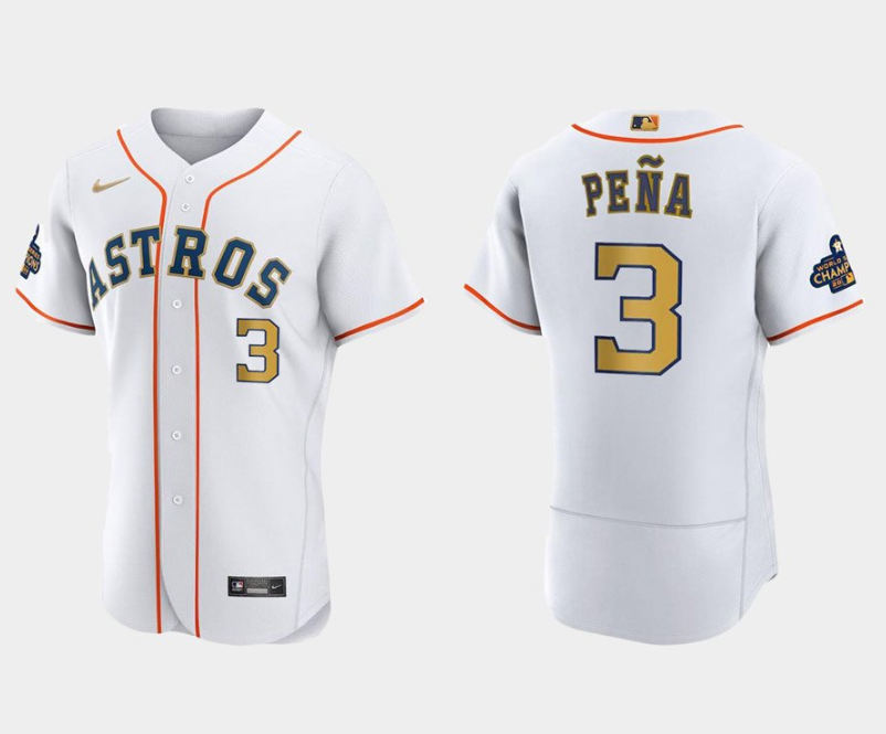 Men's White Houston Astros #3 Jeremy Peña 2023 Gold Collection With World Serise Champions Patch Stitched Baseball Jersey