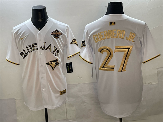 Men's White Gold Toronto Blue Jays #27 Vladimir Guerrero Jr. 2025 American League Champions Limited Stitched Baseball Jersey