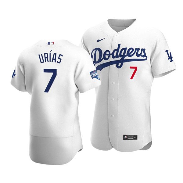 Men's Los Angeles Dodgers White #7 Julio Urias 2020 World Series Champions Home Patch Stitched MLB Jersey