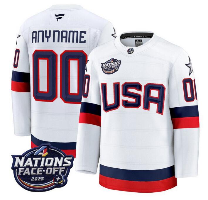 Men's White USA Active Player Custom 2025 4 Nations Face-Off Stitched Jersey