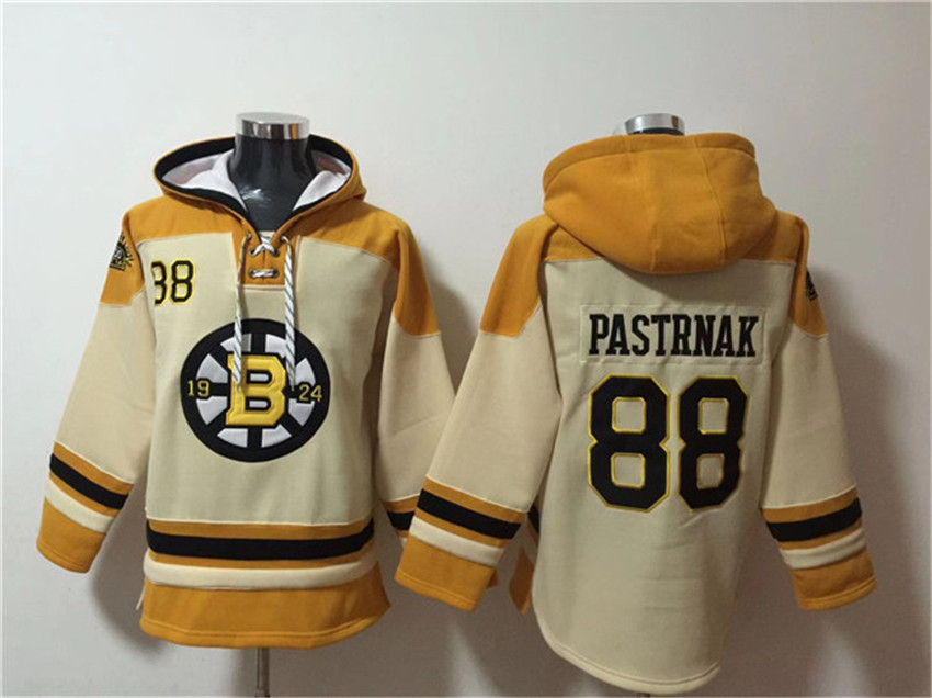 Men's Cream Boston Bruins #88 David Pastrnak Ageless Must-Have Lace-Up Pullover Hoodie