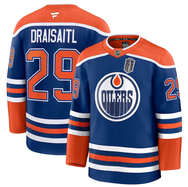 Men's Royal Edmonton Oilers #29 Leon Draisaitl 2025 Stanley Cup Final Patch Stitched Hockey Jersey