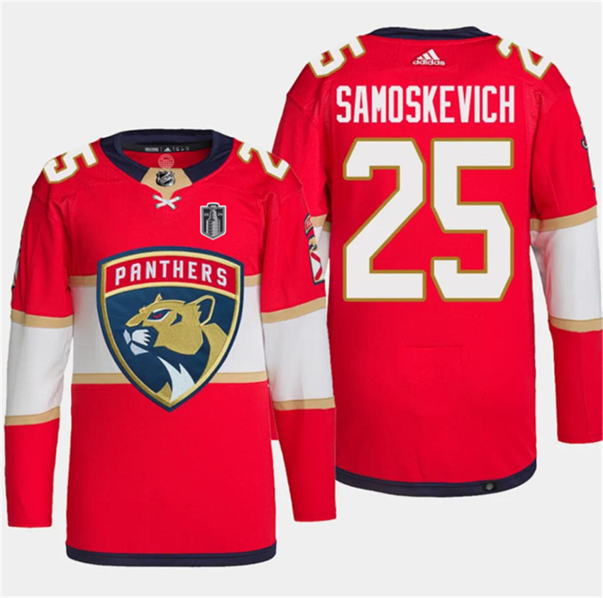 Men's Red Florida Panthers #25 Mackie Samoskevich 2024 Stanley Cup Final Patch Stitched Jersey