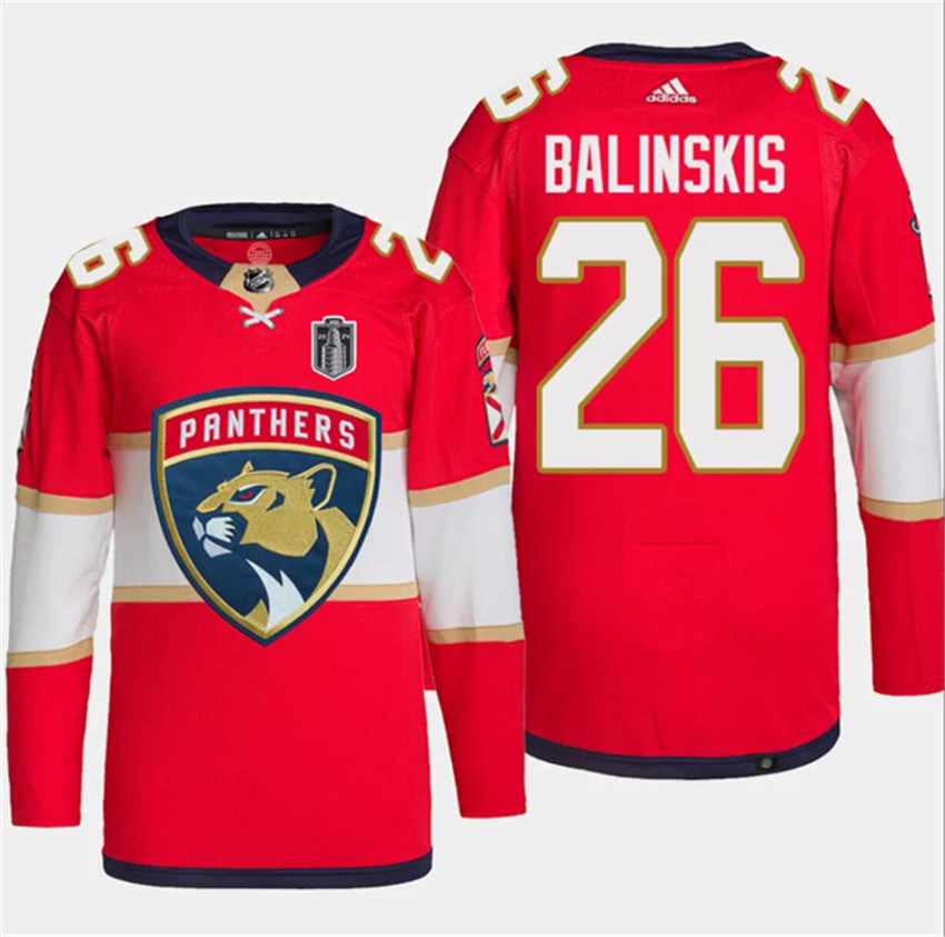 Men's Red Florida Panthers #26 Uvis Balinskis 2024 Stanley Cup Final Patch Stitched Jersey