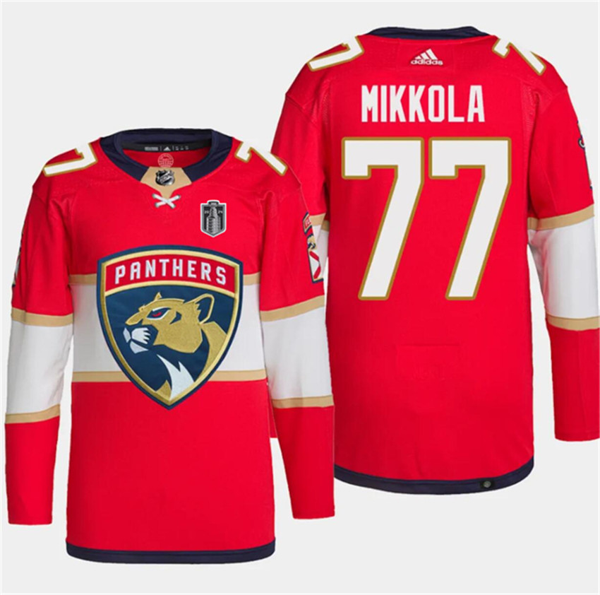 Men's Red Florida Panthers #77 Niko Mikkola 2024 Stanley Cup Final Patch Stitched Jersey