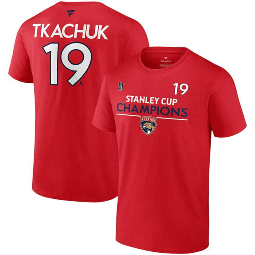 Men's Red Florida Panthers #19 Matthew Tkachuk 2024 Stanley Cup Champions Pro Name & Number T-Shirt