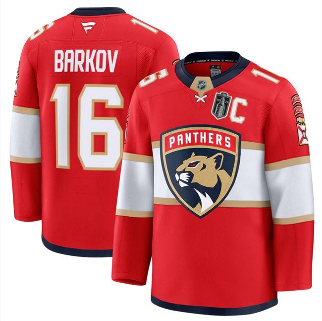 Men's Red Florida Panthers #16 Aleksander Barkov 2025 Stanley Cup Final Patch Stitched Hockey Jersey
