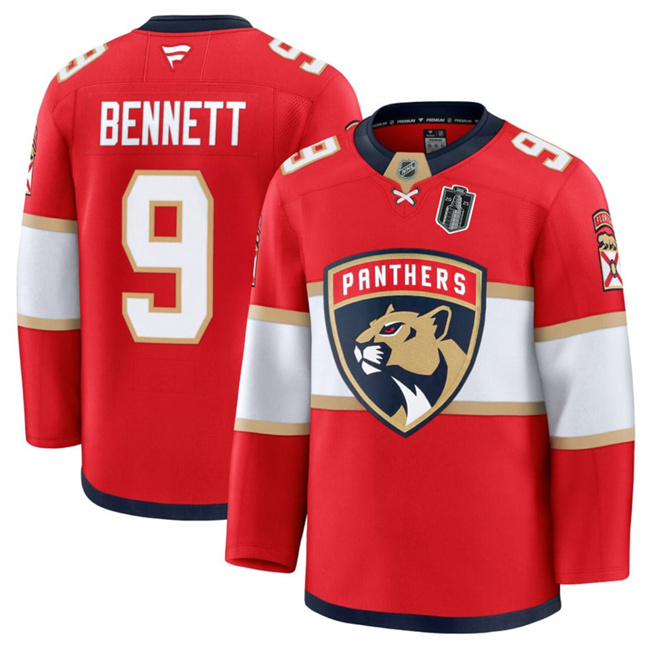 Men's Red Florida Panthers #9 Sam Bennett 2025 Stanley Cup Final Patch Stitched Hockey Jersey