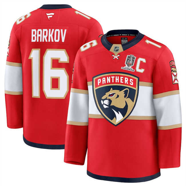 Men's Red Florida Panthers #16 Aleksander Barkov Home 2025 Stanley Cup Champions & C Patch Stitched Hockey Jersey