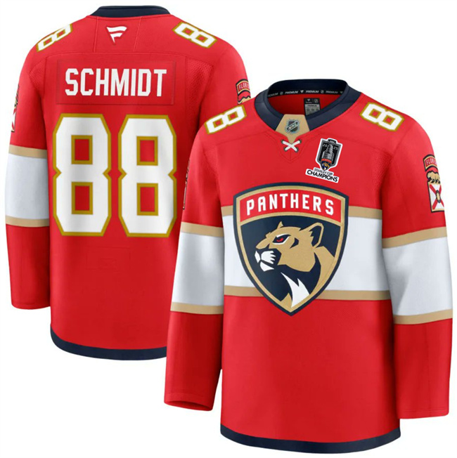 Men's Red Florida Panthers #88 Nate Schmidt Home 2025 Stanley Cup Champions Patch Stitched Hockey Jersey