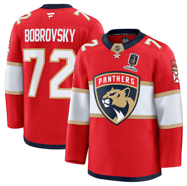 Men's Red Florida Panthers #72 Sergei Bobrovsky Home 2025 Stanley Cup Champions Patch Stitched Hockey Jersey
