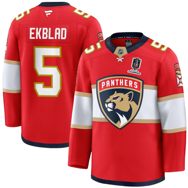 Men's Red Florida Panthers #5 Aaron Ekblad Home 2025 Stanley Cup Champions Patch Stitched Hockey Jersey