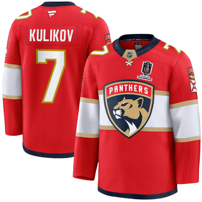 Men's Red Florida Panthers #7 Dmitry Kulikov Home 2025 Stanley Cup Champions Patch Stitched Hockey Jersey