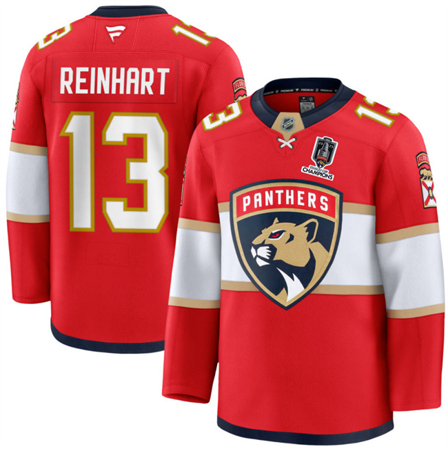 Men's Red Florida Panthers #13 Sam Reinhart Home 2025 Stanley Cup Champions Patch Stitched Hockey Jersey