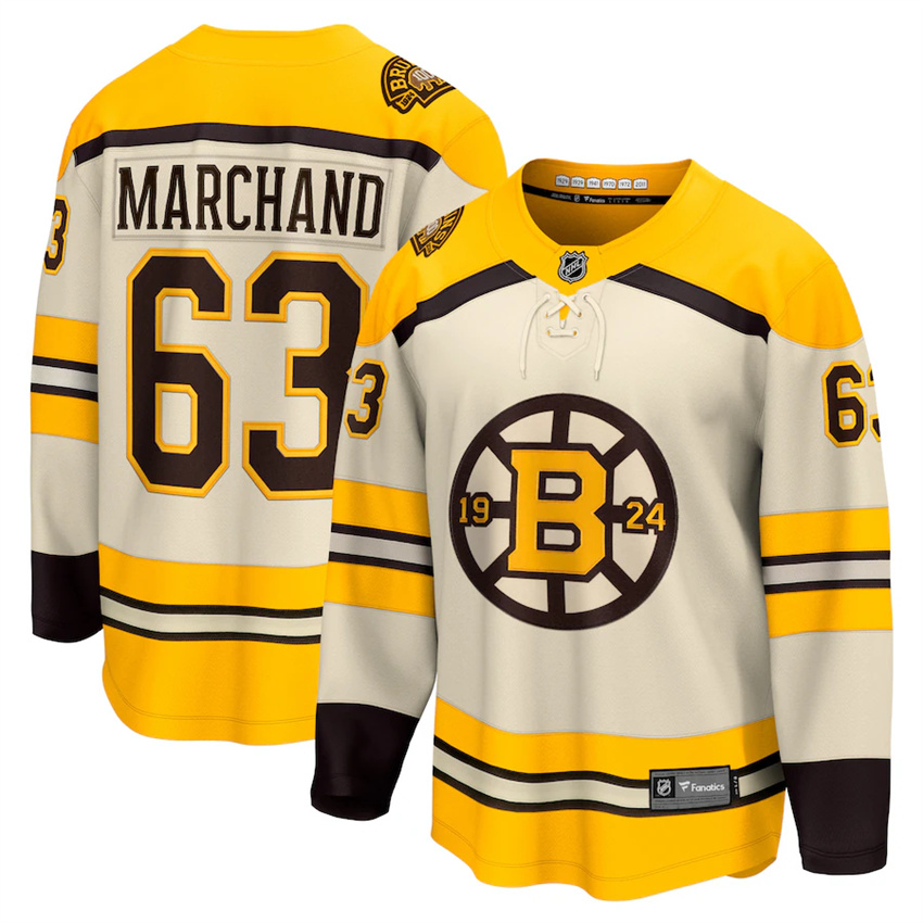 Men's Cream Boston Bruins #63 Brad Marchand 100th Anniversary Premier Breakaway Stitched Jersey