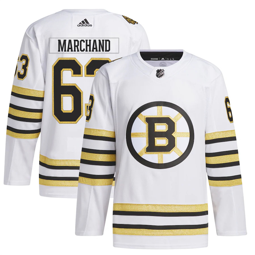 Men's White Boston Bruins #63 Brad Marchand 100th Anniversary Primegreen Stitched Jersey