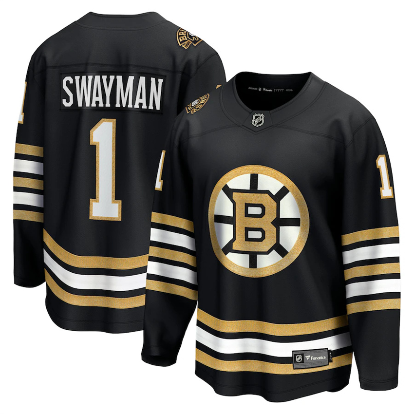 Men's Black Boston Bruins #1 Jeremy Swayman 100th Anniversary Premier Breakaway Stitched Jersey