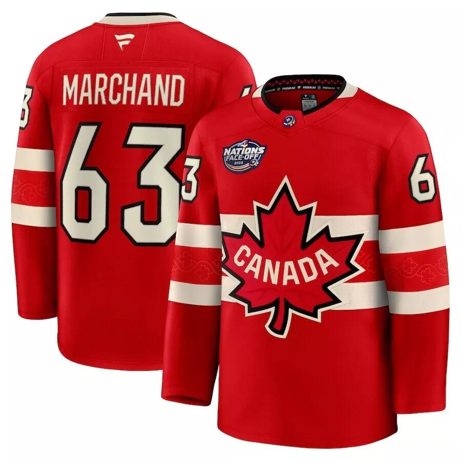 Men's Red Canada #63 Brad Marchand 2025 4 Nations Face-Off Premium Stitched Jersey